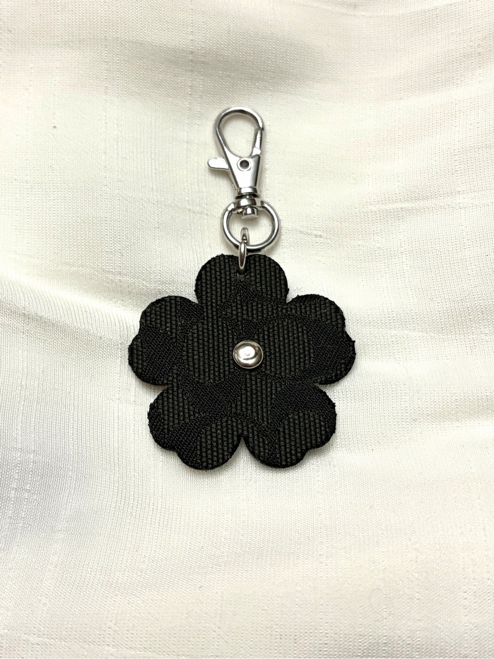 Upcycled COACH Floral Leatherette Keychain Charm in Black and Pink - Picture 2 of 5